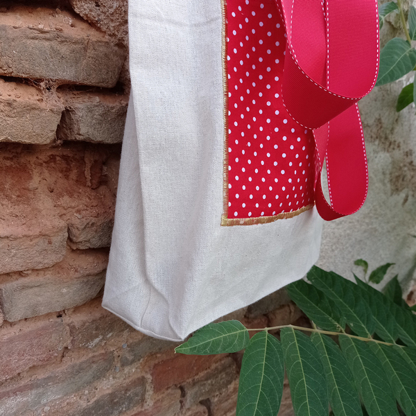 Τσάντα πάνινη totebag με τσέπη κόκκινο πουά - ύφασμα, ώμου, Black Friday, tote, πάνινες τσάντες - 3