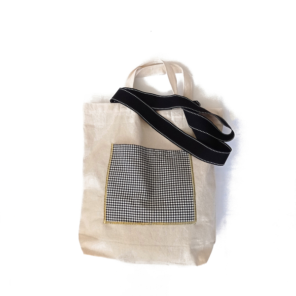Τσάντα πάνινη totebag με τσέπη ασπρόμαυρο μικρό καρό - ύφασμα, ώμου, Black Friday, tote, πάνινες τσάντες
