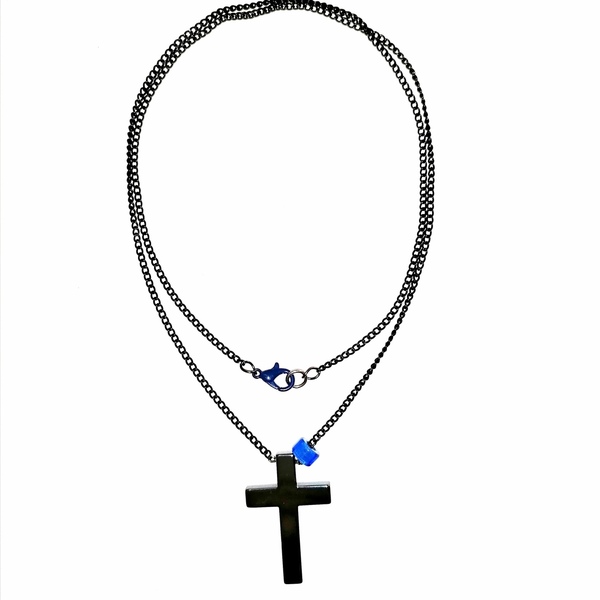 Αντρικός σταυρός από αιματίτη με μπλε χάντρα. - ημιπολύτιμες πέτρες, κολιέ, σταυροί