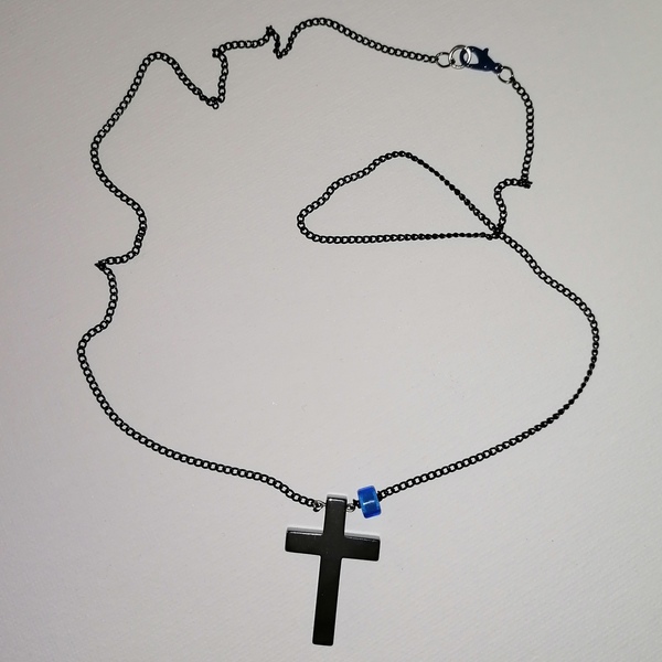 Αντρικός σταυρός από αιματίτη με μπλε χάντρα. - ημιπολύτιμες πέτρες, κολιέ, σταυροί - 3