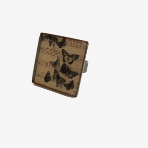 Δαχτυλίδι τετράγωνο vintage πεταλούδες με υγρό γυαλί αυξομειούμενο χειροποίητο - vintage, γυαλί, αυξομειούμενα