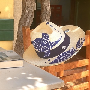 Καπέλο Boho Ζωγραφισμένο Μπλε Ψάρι - ψάθινα