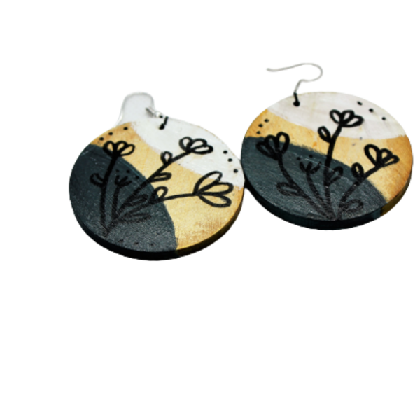 Ξύλινα σκουλαρίκια με minimal σχέδιο " artflowers" ζωγραφισμένο στο χέρι σε διάσταση 5 εκ Ιδανικό καλοκαιρινό δωράκι!! - ξύλο, λουλούδι, κρεμαστά, μεγάλα
