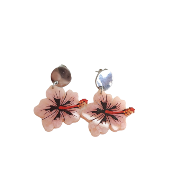Κρεμαστά σκουλαρίκια με πλέξι στοιχείο ιβίσκος - λουλούδι, μικρά, plexi glass, ατσάλι, κρεμαστά