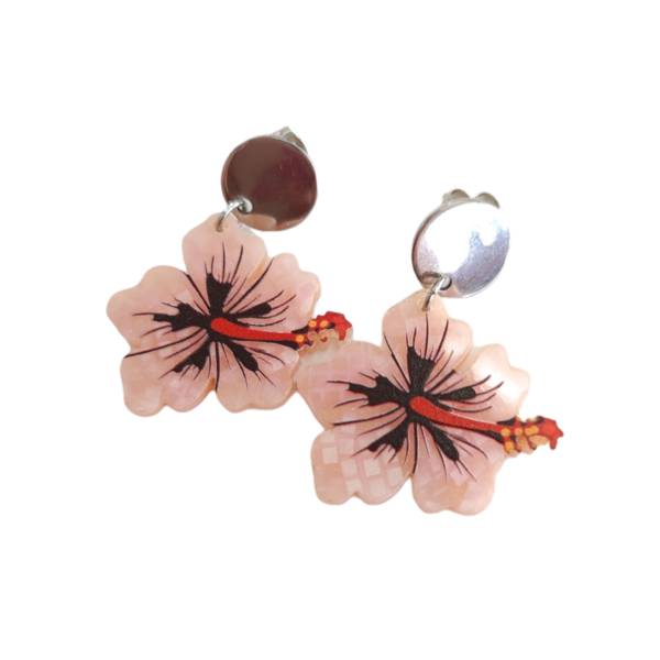 Κρεμαστά σκουλαρίκια με πλέξι στοιχείο ιβίσκος - λουλούδι, μικρά, plexi glass, ατσάλι, κρεμαστά - 2