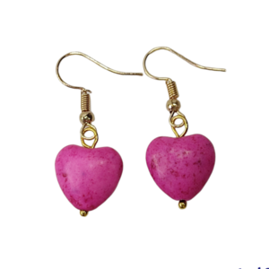 Σκουλαρίκια καρδιές φούξια χαολίτη - ημιπολύτιμες πέτρες, επιχρυσωμένα, μικρά, κρεμαστά, φθηνά - 2