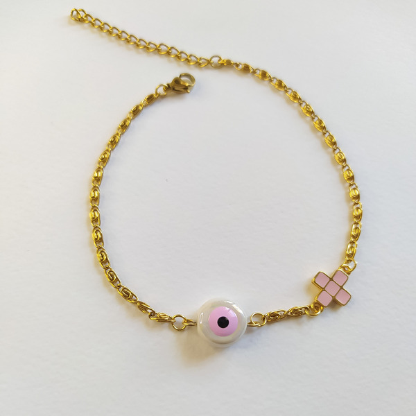 Ατσάλινο βραχιόλι ποδιού με ροζ σταυρουδάκι και μάτι, μήκος 23cm+ 5cm επέκταση αλυσίδας - σταυρός, μάτι, ατσάλι, ποδιού, αυξομειούμενα - 3