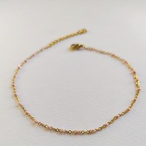 Ατσάλινο βραχιόλι ποδιού ροζάριο χρυσό με ροζ, μήκος: 23cm + 5cm επέκταση αλυσίδας - αλυσίδες, ατσάλι, ποδιού, αυξομειούμενα