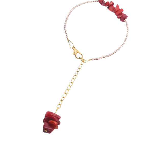 Βραχιόλι με κόκκινο κοράλλι και αιματίτη σε χρυσό χρώμα.Το μήκος του είναι 19 εκ. - ημιπολύτιμες πέτρες, charms, boho, χεριού, αυξομειούμενα - 2