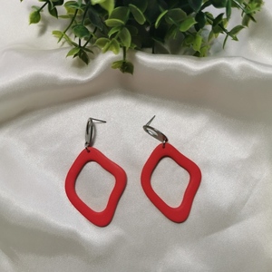 Κόκκινα minimal κρεμαστά σκουλαρίκια - πηλός, ατσάλι, κρεμαστά, μεγάλα - 3