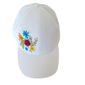 Καπέλο, τζοκευ, με κέντημα, λευκό χρώμα, με λουλούδια, 59 εκατοστά, βαμβακερό, χειροποίητο,γυναικείο καπέλο, με γείσο. - ύφασμα, κεντητά