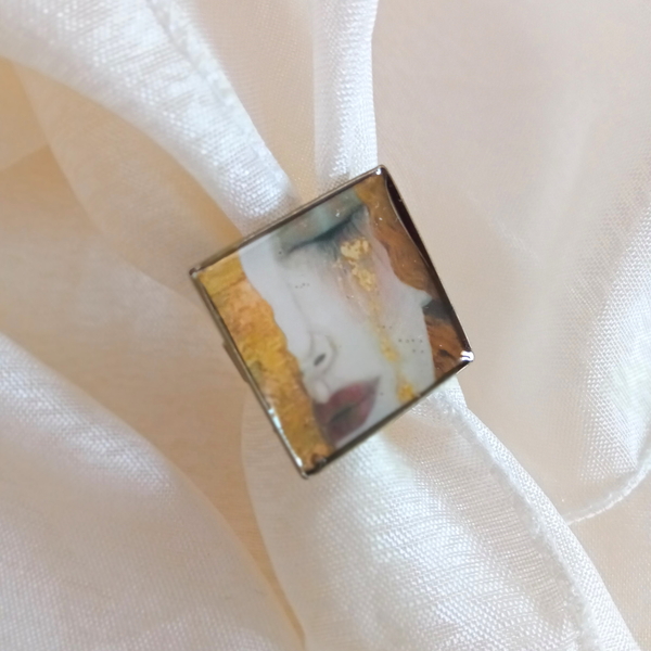 Δαχτυλίδι γυναικείο τετράγωνο μπρονζέ αυξομειούμενο, με υγρό γυαλί - γυαλί, αυξομειούμενα - 3