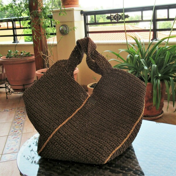 Ψάθινη πλεκτή χειροποίητη καλοκαιρινή τσάντα σε καφέ σοκολατί χρώμα διαστάσεων : 50*50 - ώμου, ψάθα, all day, tote, πλεκτές τσάντες - 2