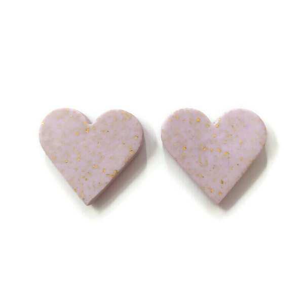 Σετ σκουλαρίκια ροζ/λευκοί κρίκοι και ροζ καρδιές από πηλό με φύλλο χρυσού - καρδιά, πηλός, κρίκοι, ατσάλι, καρφάκι - 3