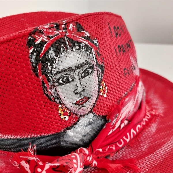 Ψάθινο καπέλο ζωγραφισμένο- Frida Kalho - χειροποίητα, ψάθινα, αναμνηστικά δώρα - 4