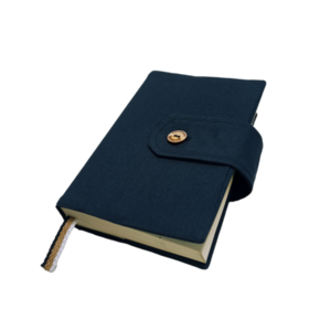 Χειροποίητη θήκη για βιβλίο χρώμα μπλε σκούρο - ύφασμα, θήκες βιβλίων, με ξύλινο στοιχείο
