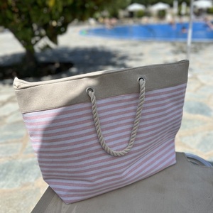 Υφασμάτινη τσάντα παραλίας XL με νεσεσέρ, ροζ ριγέ από καμβά 55Χ40 εκ. - ύφασμα, ώμου, μεγάλες, θαλάσσης, Black Friday - 3