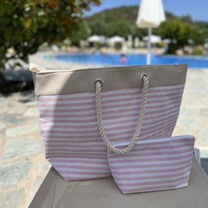 Υφασμάτινη τσάντα παραλίας XL με νεσεσέρ, ροζ ριγέ από καμβά 55Χ40 εκ. - ύφασμα, ώμου, μεγάλες, θαλάσσης, Black Friday - 4