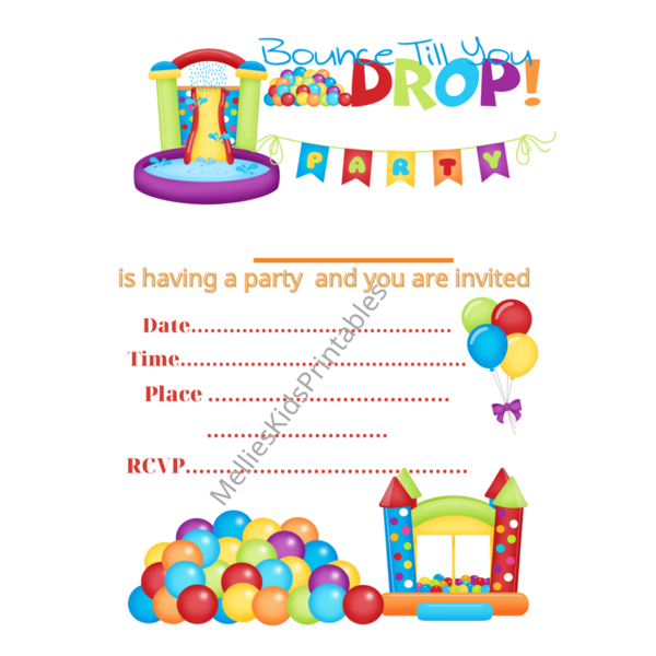 Bounce party invitation english, digital product for printing at home, 5*7inches,  2,5*3,5 inches. - birthday, party, κάρτες, προσκλητήρια