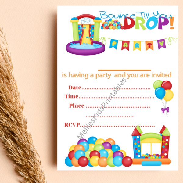 Bounce party invitation english, digital product for printing at home, 5*7inches,  2,5*3,5 inches. - birthday, party, κάρτες, προσκλητήρια - 2