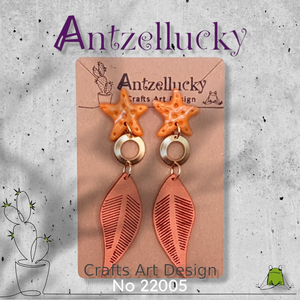 "Windy Starfish" Ι Χειροποίητα μοντέρνα καλοκαιρινά καρφωτά μακριά σκουλαρίκια από πολυμερικό πηλό με τεχνική marble - 8 cm - χρώμα κεραμιδί - πηλός, μακριά, ατσάλι, κρεμαστά, καρφάκι - 2