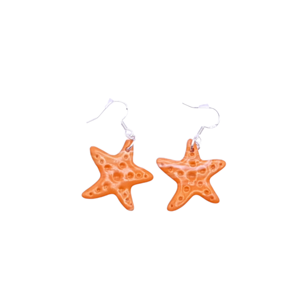 "Starfish" Ι Χειροποίητα μοντέρνα καλοκαιρινά κρεμαστά σκουλαρίκια από πολυμερικό πηλό με τεχνική marble - 5 cm - χρώμα κεραμιδί - πηλός, μικρά, κρεμαστά, γάντζος