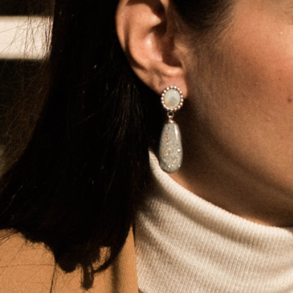 Σκουλαρίκια από ασήμι 925 και υγρό γυαλί με πέτρα φίλντισι / Victoria earrings - ασήμι, ασήμι 925, μακριά, κρεμαστά, καρφάκι - 2