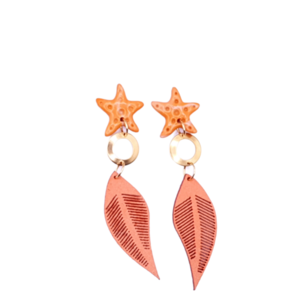 "Windy Starfish" Ι Χειροποίητα μοντέρνα καλοκαιρινά καρφωτά μακριά σκουλαρίκια από πολυμερικό πηλό με τεχνική marble - 8 cm - χρώμα κεραμιδί - πηλός, μακριά, ατσάλι, κρεμαστά, καρφάκι