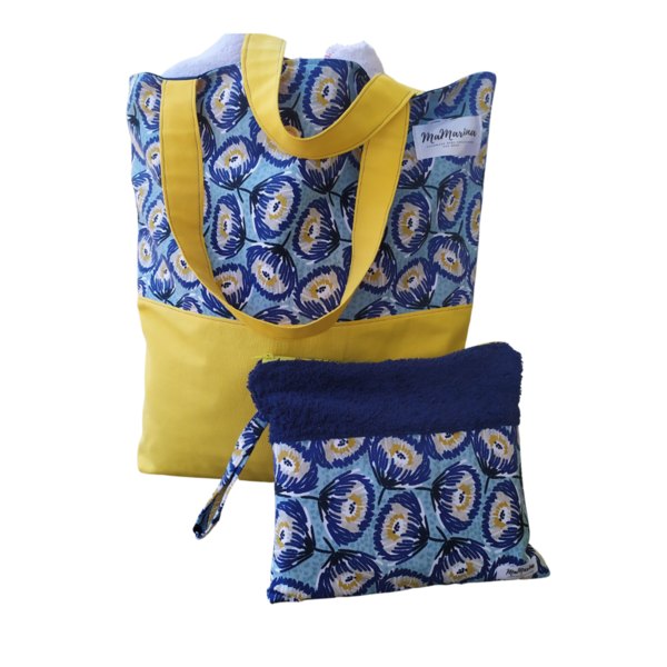 Σετ καλοκαιρινή τσάντα με ασσορτί νεσεσέρ μπλε λουλούδια - ύφασμα, ώμου, μεγάλες, θαλάσσης, tote