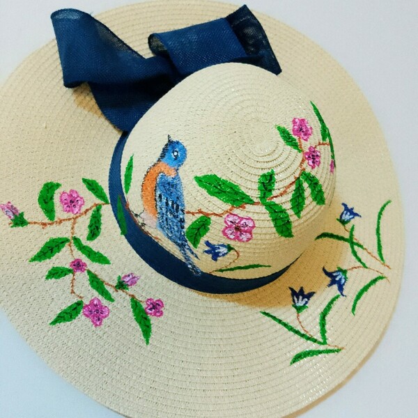 Ψάθινο καπέλο με ζωγραφική - ζωγραφισμένα στο χέρι, απαραίτητα καλοκαιρινά αξεσουάρ, ψάθινα - 2
