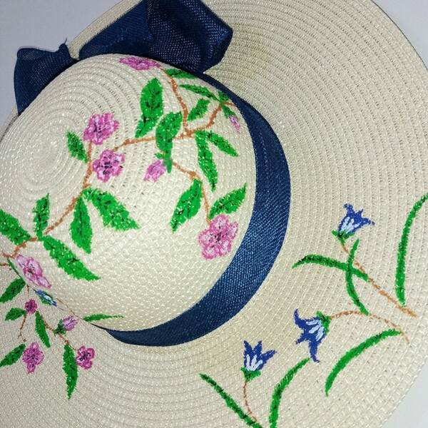 Ψάθινο καπέλο με ζωγραφική - ζωγραφισμένα στο χέρι, απαραίτητα καλοκαιρινά αξεσουάρ, ψάθινα - 3