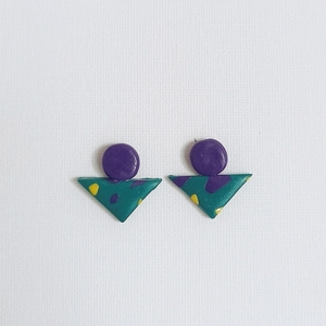 |Purple & Green| Geometrical Shape - POLYMER CLAY - Earrings - πηλός, γεωμετρικά σχέδια, καρφωτά, μεγάλα, καρφάκι