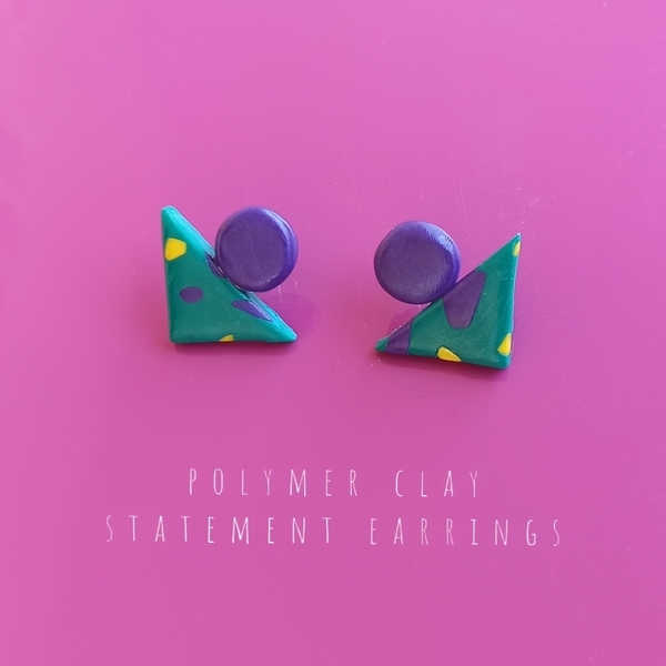 |Purple & Green| Geometrical Shape - POLYMER CLAY - Earrings - πηλός, γεωμετρικά σχέδια, καρφωτά, μεγάλα, καρφάκι - 3
