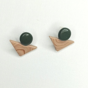 |Wood Texture & Oil Green |Geometrical Shape - POLYMER CLAY - Earrings - πηλός, γεωμετρικά σχέδια, καρφωτά, μεγάλα, καρφάκι - 2
