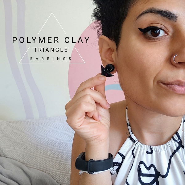 | Black with Colorful Details | Geometrical Shape - POLYMER CLAY - Earrings - πηλός, γεωμετρικά σχέδια, καρφωτά, μεγάλα, καρφάκι - 2