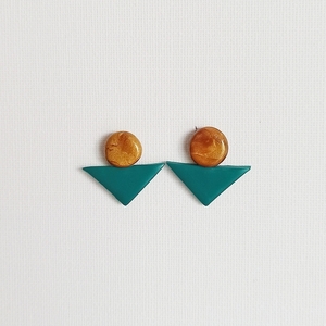 | Gold & Green | Geometrical Shape - POLYMER CLAY - Earrings - πηλός, γεωμετρικά σχέδια, καρφωτά, μεγάλα, καρφάκι