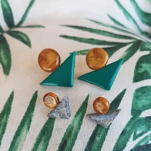 | Gold & Green | Geometrical Shape - POLYMER CLAY - Earrings - πηλός, γεωμετρικά σχέδια, καρφωτά, μεγάλα, καρφάκι - 2