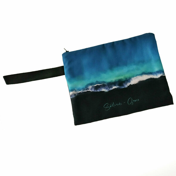 Τσάντα φάκελος χειρός από ύφασμα με εκτύπωση prints flat handbag 31X23 εκ "Black Sand Santorini" - ύφασμα, φάκελοι, μεγάλες, all day, χειρός - 4