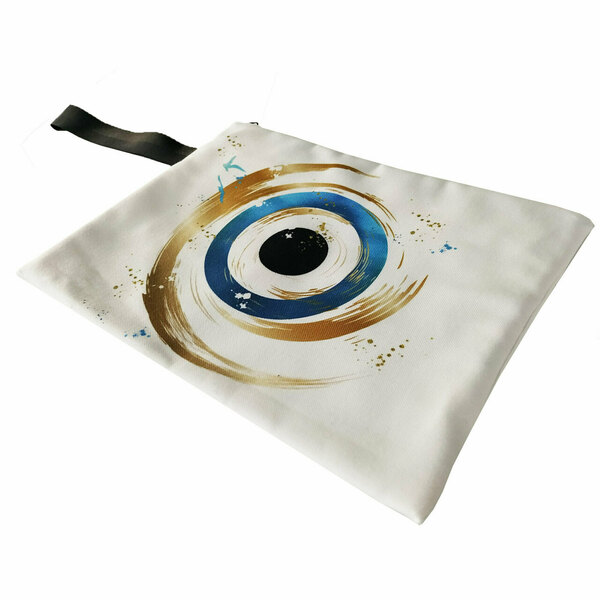 Τσάντα φάκελος χειρός από ύφασμα με εκτύπωση prints flat handbag 31X23 εκ "WHITE EYE" - ύφασμα, φάκελοι, μεγάλες, all day, χειρός