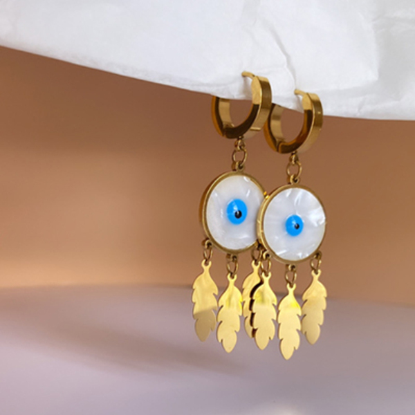 Hoops σκουλαρίκια από ατσάλι σε χρυσό χρώμα με μάτι boho style - ατσάλι, boho, κρεμαστά, μεγάλα, με κλιπ
