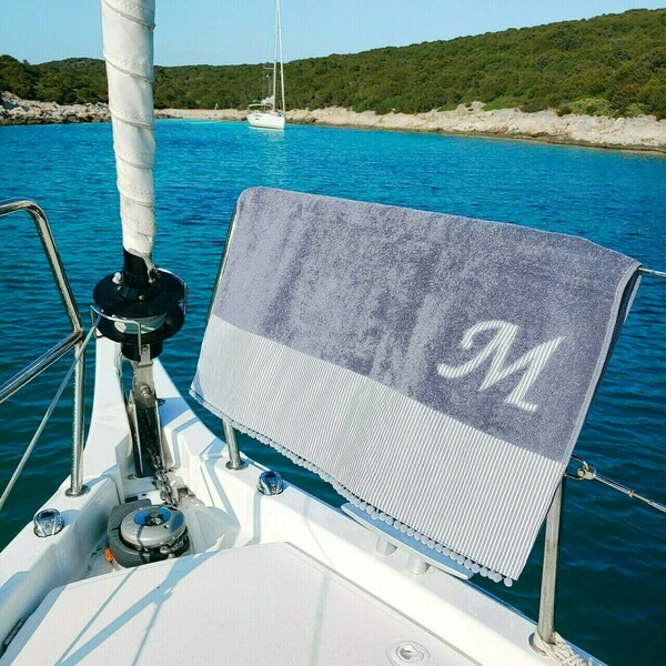Βαμβακερή πετσέτα θαλάσσης με μονόγραμμα / γκρι / 150x80εκ. - όνομα - μονόγραμμα, personalised, δώρα για άντρες - 4