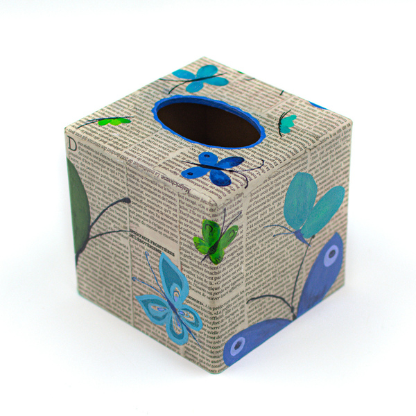 Κουτί για χαρτομάντιλα ντυμένο με εφημερίδα και πεταλούδες - ξύλο, οργάνωση & αποθήκευση - 4