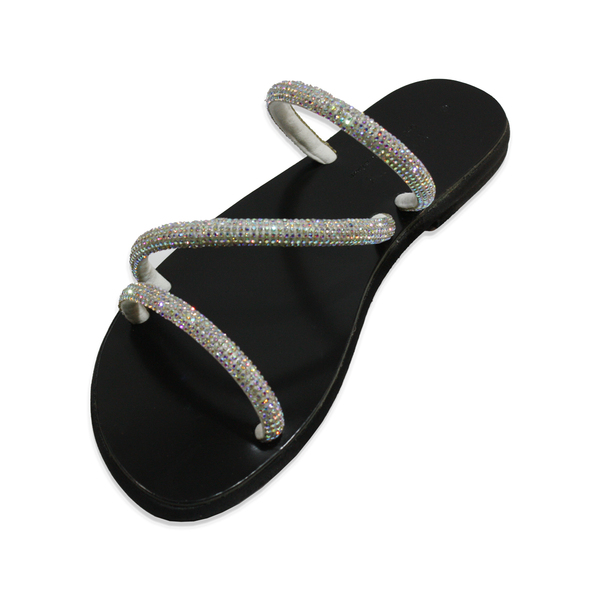Silver sandals 3 - δέρμα, στρας, αρχαιοελληνικό, φλατ - 3