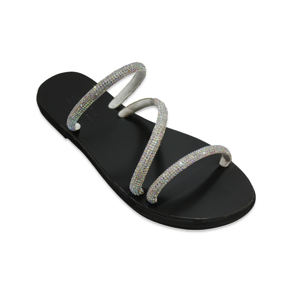 Silver sandals 3 - δέρμα, στρας, αρχαιοελληνικό, φλατ - 4