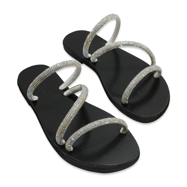 Silver sandals 3 - δέρμα, στρας, αρχαιοελληνικό, φλατ - 5