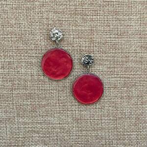 Σκουλαρίκι ασημί ατσάλινο σε κόκκινο μεταλλικό σχέδιο - μακριά, ατσάλι, κρεμαστά, μεγάλα, καρφάκι - 2