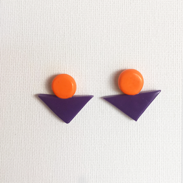 |Purple Orange| Geometrical Shape - POLYMER CLAY - Earrings --Αντίγραφο - πηλός, γεωμετρικά σχέδια, καρφωτά, μεγάλα, καρφάκι