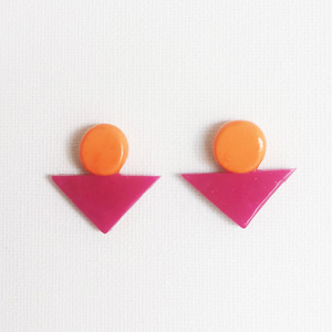 |Orange Fuchsia| Geometrical Shape - POLYMER CLAY - Earrings - - πηλός, γεωμετρικά σχέδια, καρφωτά, μεγάλα, καρφάκι