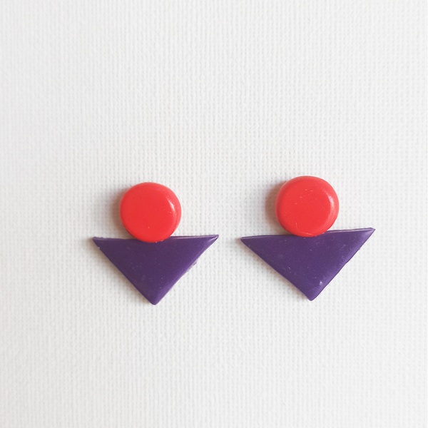 |Purple Red| Geometrical Shape - POLYMER CLAY - Earrings - - πηλός, γεωμετρικά σχέδια, καρφωτά, μεγάλα, καρφάκι