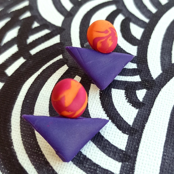 |Purple Fuchsia Orange| Geometrical Shape - POLYMER CLAY - Earrings --Αντίγραφο-Αντίγραφο - πηλός, γεωμετρικά σχέδια, καρφωτά, μεγάλα, καρφάκι - 2